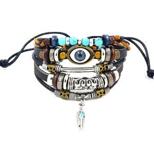 Leather Bracelet Third Eye Cuff Bangle Layered Boho Hippie Beads Turquoise